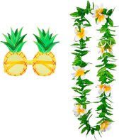 Tropische Hawaii party verkleed accessoires set - Ananas zonnebril - en bloemenkrans groen/wit - voor volwassenen