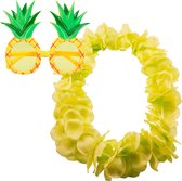 Tropische Hawaii party verkleed accessoires set - Ananas zonnebril - en bloemenkrans fluor geel - voor dames