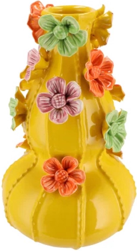 Vase en faïence jaune super vintage à 3 boules avec fleurs colorées en faïence 14 x 22 CM Petit