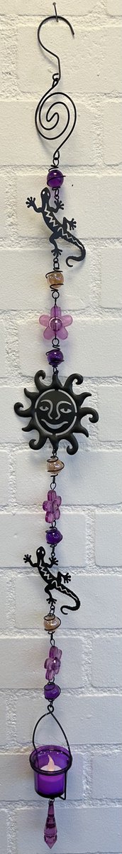 Deco theelichthouder "gecko + bloemen en zon" met metalen ketting - zwarte ketting & paarse glazen stenen - lengte 115 cm - exclusief theelicht - Woondecoratie - Theelichthouder - Woonaccessoires