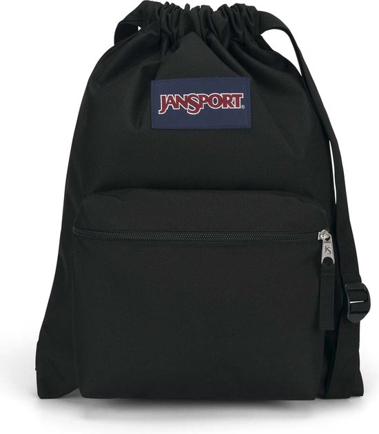 Zwarte Jansport drawstring tas met een voorvak met rits en een Jansport logo.