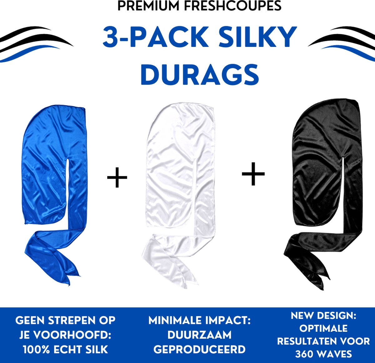 FRESHCOUPES 3-PACK Silky Durag - Zwart/Wit/Blauw