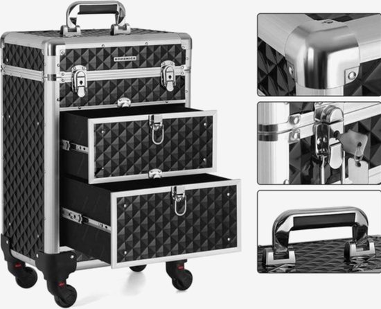 WarmieHomy 3-in-1 afsluitbare make-up trolley professionele rollende schoonheid nagel case organizer opbergdoos met 2 laden, kappers trolley cadeau voor moederschap zondag zwart