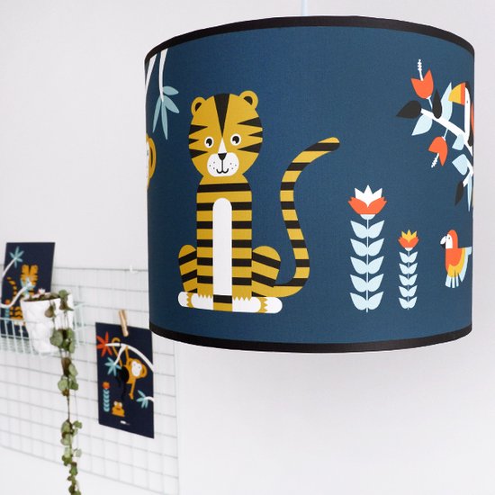 Hanglamp Jungle Aap Tijger Toekan Luiaard donker blauw Verlichting diameter 30cm met pendel voor kinderkamer