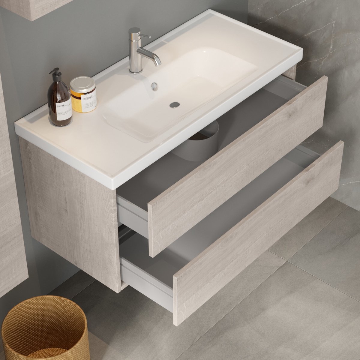Jena Badkamermeubel Set 100 cm Lissabon – Greeploos, Softclose 2 Lades, Keramische Wastafel