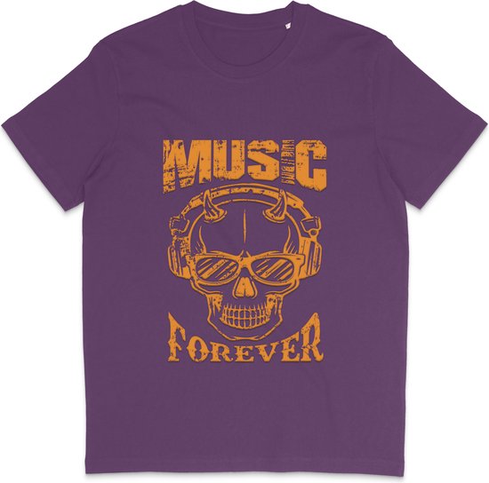 Heren Dames T Shirt - Skull Print - Quote Music Forever - Paars - XL