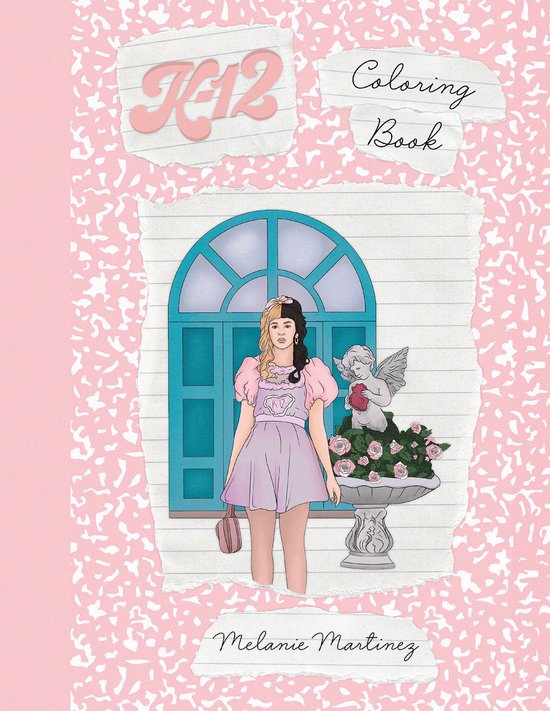 K-12 Coloring Book met Melanie Martinez voor een raam met een engel en rozen.