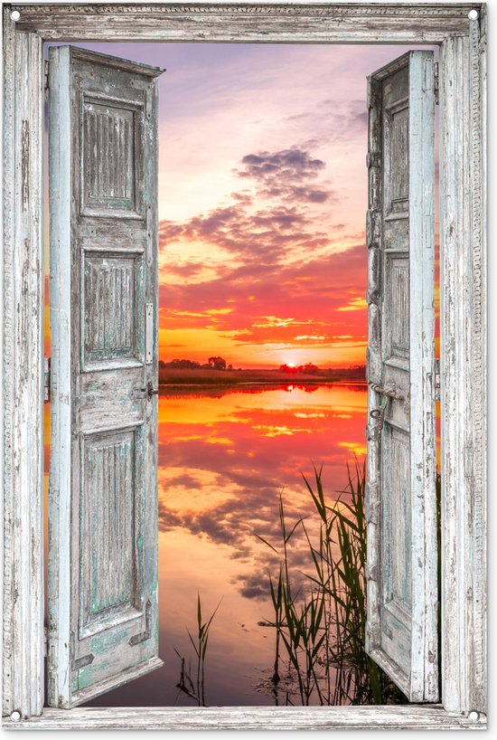 Tuinposter deuren - Tuindoek doorkijk - Water - Landschap - Natuur - Zonsondergang - Tuindecoratie - 80x120 cm - Schuttingdoek - Tuin - Tuinschilderij voor buiten - Schutting decoratie