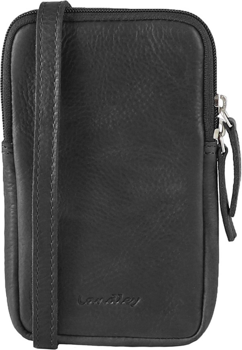 Landley Compact Leren Dames Telefoontasje - Antique Vintage Pull-up Leer - Zwart