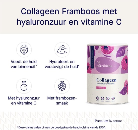 Blik Nutribites collageenpoeder met frambozensmaak, met tekst over voordelen en ingrediënten zoals hyaluronzuur en vitamine C.