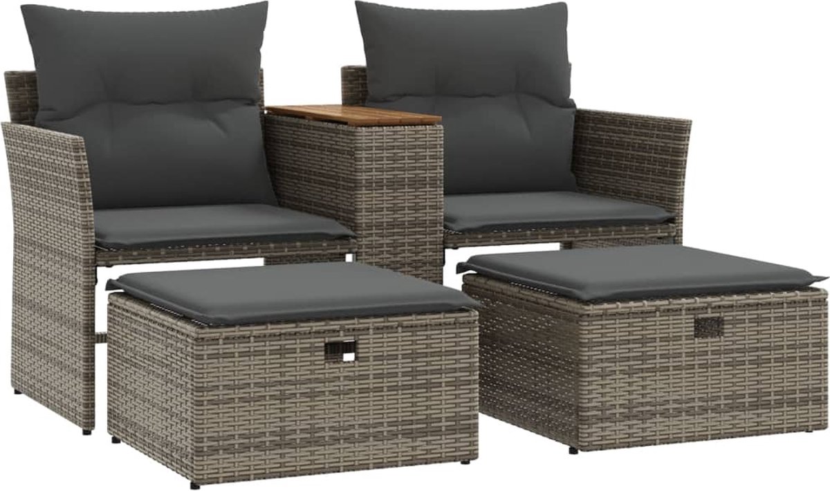 vidaXL Tuinbank - 2-zits - met - voetenbanken - poly - rattan - grijs