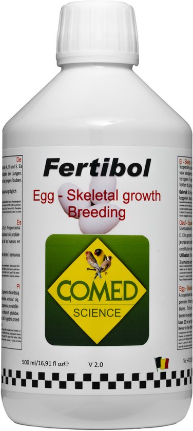 Witte fles met groen dopje, label "Fertibol Egg - Skeletal growth Breeding" met vogels en "COMED SCIENCE" logo.