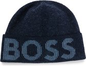Hugo Boss - Beanie - blauw - van katoen en wol met gebreid logo - heren