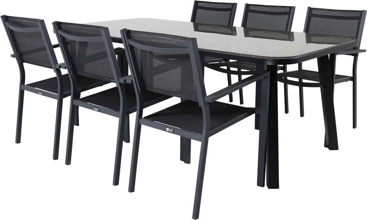 Paola tuinmeubelset tafel 100x200cm zwart, 6 stoelen Copacabana zwart.