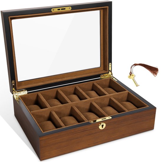 Uten Luxe Watch Box - WatchBox Men & Women - Boîte à bijoux - 10 compartiments - Grain de bois
