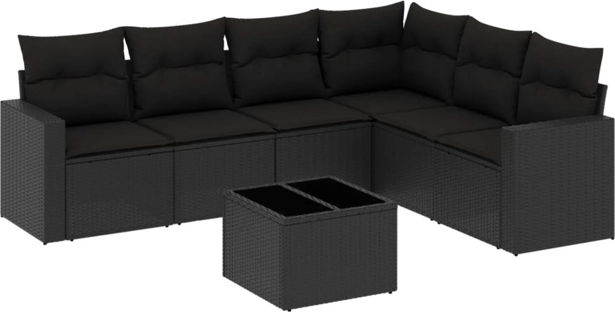 vidaXL 7-delige - Loungeset - met - kussens - poly - rattan - zwart