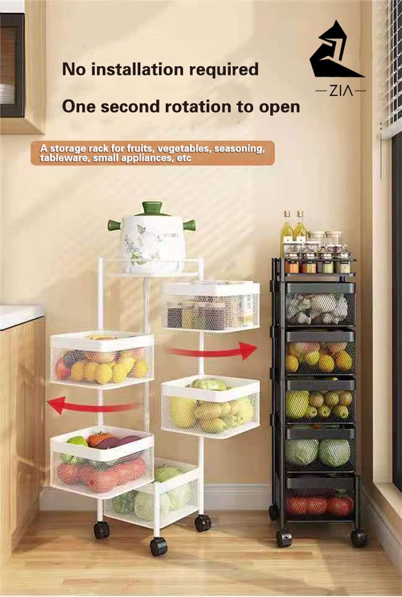 Bij Zia - Keukentrolley vierhoek - 5 laags - Keukentrolley voor groente en fruit - Keukenrek op wielen - Opbergkast met manden - Carbon staal - 29 x 29 x 90 cm (LxBxH) - Zwart