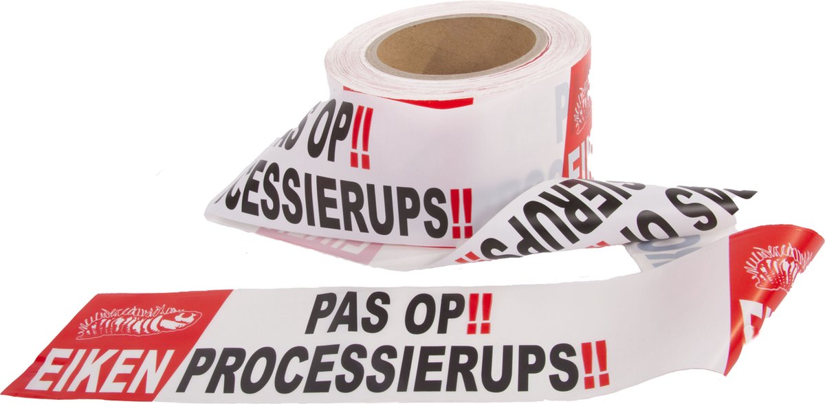 Kortpack - Afzetlint 75 mm breed x 250mtr lang, 60my dik - Met Opdruk: PAS OP!! Eikenprocessierups!! - Wit Afzetlint met Rood/Zwarte Opdruk - 1 Rol - Waarschuwingslint - Gevaren-afzetlint - (027.0052)