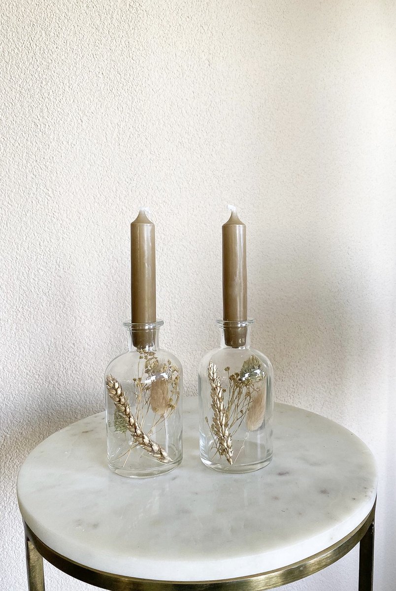 Vaasjes met droogbloemen en kaarsjes – Taupe/Bruin – 2 stuks - Cadeau - Taupe kaarsen met droogbloemen - Kaars met droogbloemen - Droogbloemen - Moderne kaarsen - Huisdecoratie - Cadeau voor huis - La Florista