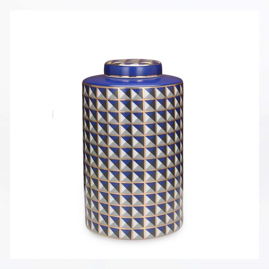 San Naila-Girih-Gemberpot-Vazen-Decoratieve Jar-Deksel-Geometrisch motief-Blauw-Wit-Goud-Zwart-Porselein