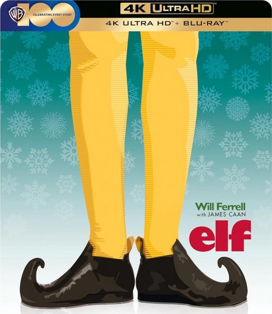 4K Ultra HD en Blu-Ray van Elf met Will Ferrell. Geillustreerde elf-benen in gele kousen en zwarte puntige schoenen tegen een achtergrond van sneeuwvlokken.