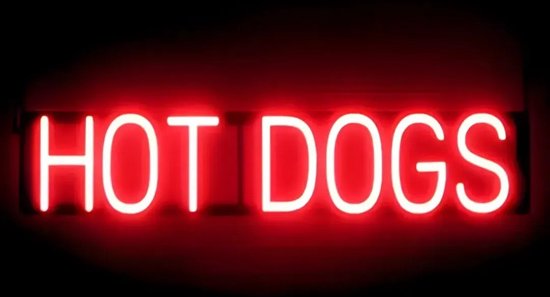 HOT DOGS - Lichtreclame Neon LED bord verlicht | SpellBrite | 78 x 16 cm | 6 Dimstanden - 8 Lichtanimaties | Reclamebord neon verlichting