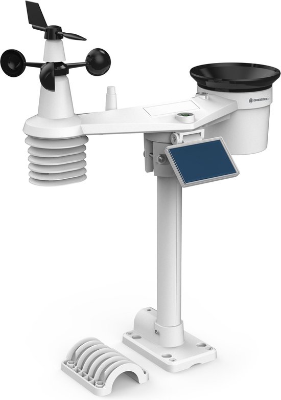 Wit weerstation met anemometer, windvaan, regenmeter en zonnepaneel. Met extra onderdelen voor montage.