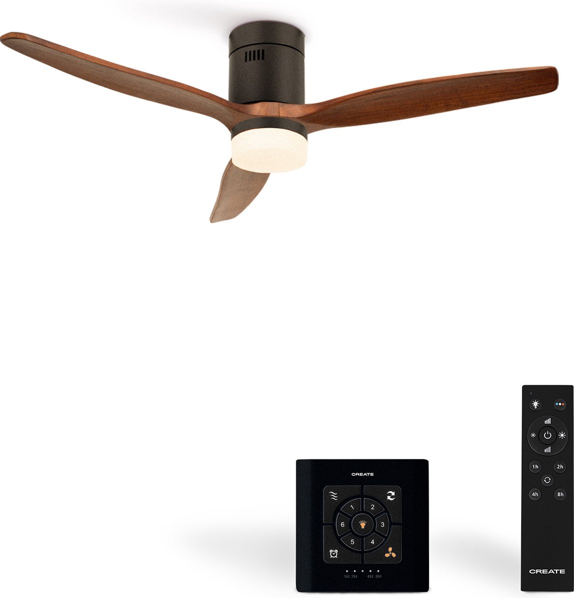 CREATE - Plafondventilator 40W silent Ø132 cm ABS - Met Verlichting drie temperaturen - Met Wandregelaar - Met Afstandsbediening - 6 Snelheden - Timer - Zomer/Winter functie - Donker Hout - WIND CALM