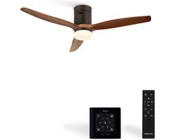 CREATE - Plafondventilator 40W silent Ø132 cm ABS - Met Verlichting drie temperaturen - Met Wandregelaar - Met Afstandsbediening - 6 Snelheden - Timer - Zomer/Winter functie - Donker Hout - WIND CALM