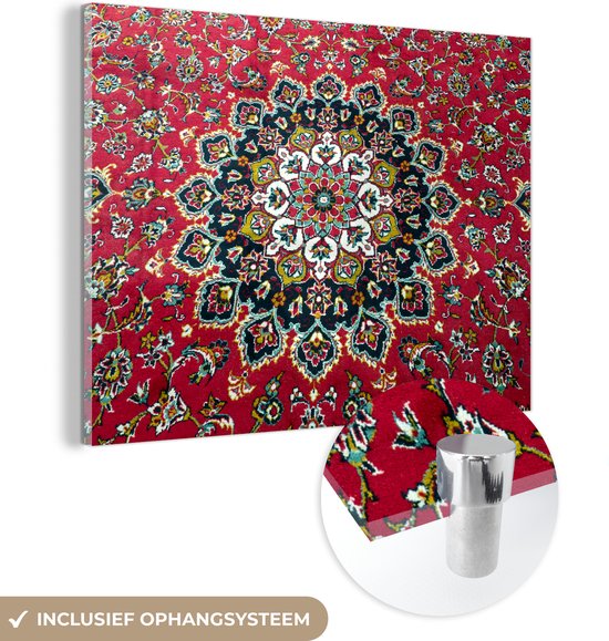 MuchoWow® Glasschilderij 120x90 cm - Schilderij acrylglas - Perzisch tapijt met bloemen - Foto op glas - Schilderijen