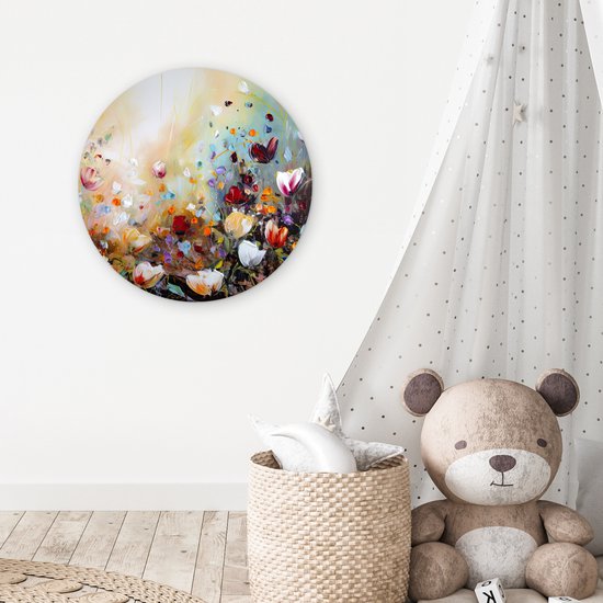 WallCircle - Cercle mural - Cercle mural intérieur - Peinture à l'huile - Fleurs - Coloré - Nature - 60x60 cm - Décoration murale - Peintures ronds