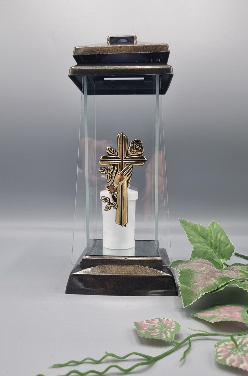 Herdenkingslicht - L-50d - Lantaren - Kruis - Handen - Goud - Spiegel - Windlicht - Graflicht - Graflantaarn - Grafdecoratie