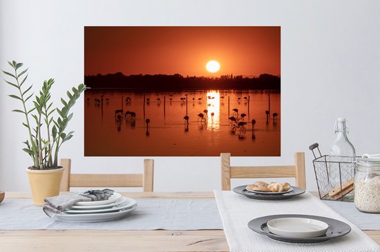 Sticker Muursticker Camargue - Coucher de soleil avec des flamants roses en Camargue - 90x60 cm - film autocollant - sticker mural repositionnable