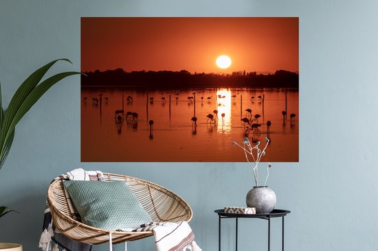 Sticker Muursticker Camargue - Coucher de soleil avec des flamants roses en Camargue - 90x60 cm - film autocollant - sticker mural repositionnable
