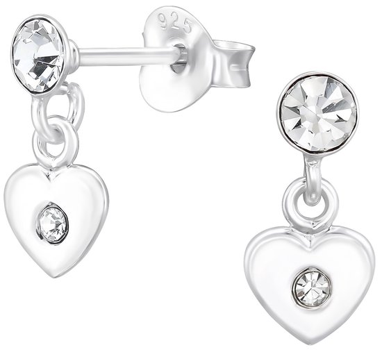 Joy|S - Zilveren hartje bedel oorbellen - met kristal - kinderoorbellen