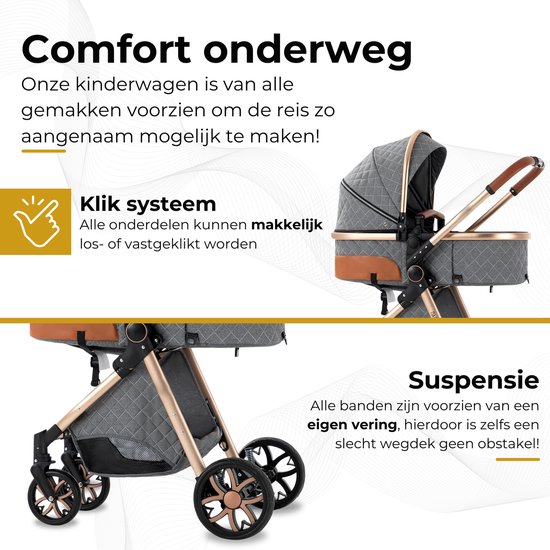 Grijze kinderwagen met ruitpatroon, goudkleurig frame en bruine details. Kan worden ingeklapt tot een compact formaat.