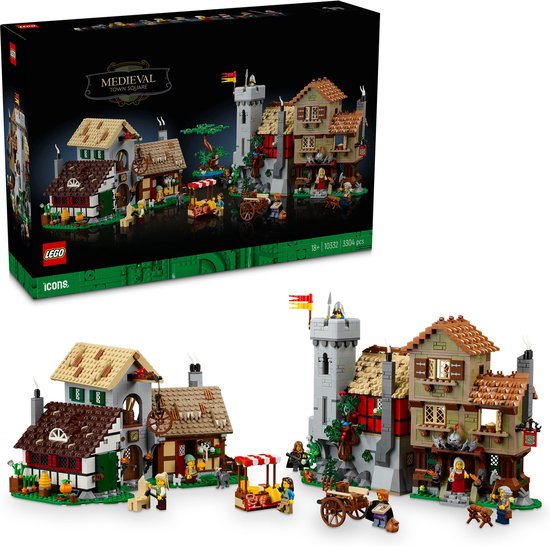 LEGO Icons Middeleeuws stadsplein set: verpakking en drie aparte bouwwerken.