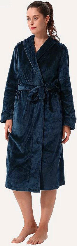 Dames badjas met sjaalkraag donkerblauw S/M