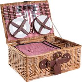 Rieten Picknickmand voor 4 personen met Isothermisch Compartiment en Inclusief Accessoires - Rood en Wit Geruit Patroon, 47 x 36 x 20 cm