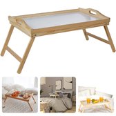 Cheqo® Uitklapbaar Houten Dienblad - Bedtafel - Laptoptafel - Ontbijt op Bed - 50cm x 30cm - Grenenhout - Wit Lakboard - 24cm Hoog - Voor Op Bed