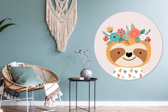 WallCircle - Wall Circle - Wall Circle Indoor - Paresseux - Fleurs - Pastel - 120x120 cm - Décoration murale - Peintures Ronds XXL