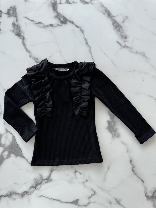 Meisjes Longsleeve top met ruffles "Zwart", verkrijgbaar in de maten 92 t/m 164