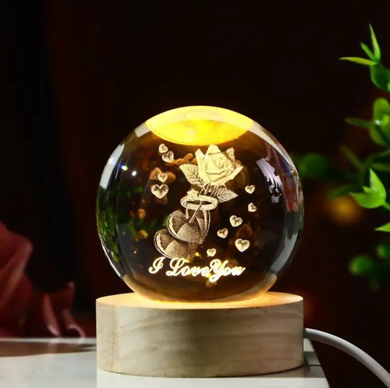 Luxe 3D Kristallen Bol Lamp - I Love You met Roos- USB aansluiting - ø6 x H8 cm - Sierlamp - Kinderlamp - Kindertafellampen - Babykamer - Woonkamer verlichting- verlichting - valentijn cadeau