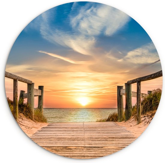 WallCircle - Wandcirkel 60x60 - Strand - Zonsondergang - Pad - Duinen - Ronde schilderijen woonkamer - Wandbord rond - Muurdecoratie cirkel - Kamer decoratie binnen - Wanddecoratie muurcirkel - Woonaccessoires