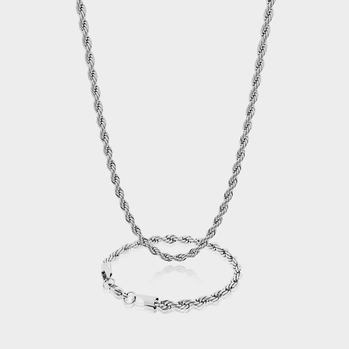Rope Ketting 5 mm x Rope Armband 5 mm - Zilveren Schakelketting en Schakelarmband Heren - 60/21 cm lang - Olympus Jewelry