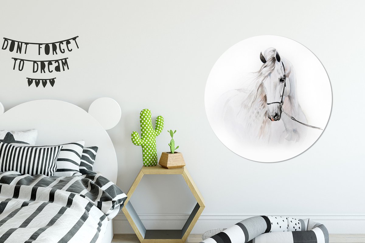 WallCircle - Wandcirkel - Muurcirkel - Paard - Waterverf - Dieren - Wit - Aluminium - Dibond - ⌀ 90 cm - Binnen en Buiten