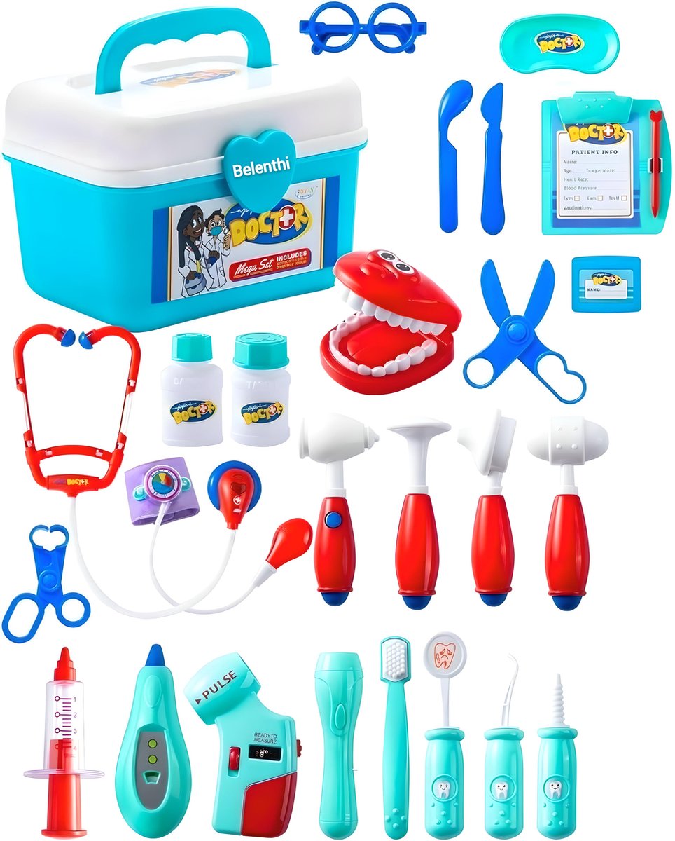 Belenthi Dokterset speelgoed - Dokter en tandarts speelgoed - Educatief speelgoed - 25 verschillende accessoires - Blauw - Belenthi