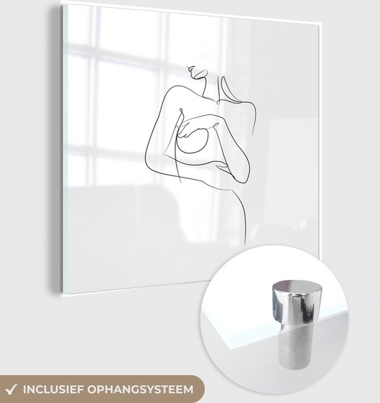MuchoWow® Glasschilderij 50x50 cm - Schilderij acrylglas - Line art naakte vrouw met hand op borst vierkant - Foto op glas - Schilderijen