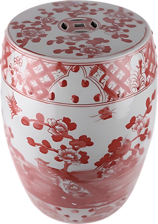 The Ming Garden Collection | Chinees Porselein | Grote Rode Porseleinen Tuinpoef Met Bloemen en Vogels | Rood & Wit