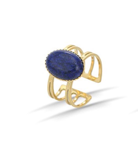 Ring – Rvs – Ovaal - Lapis Lazuli - 15 mm - edelsteen - Goudkleurig 18K PVD plating – Verstelbare – ontwerp – Makkelijke voor mensen met moeilijke en artrose vingers